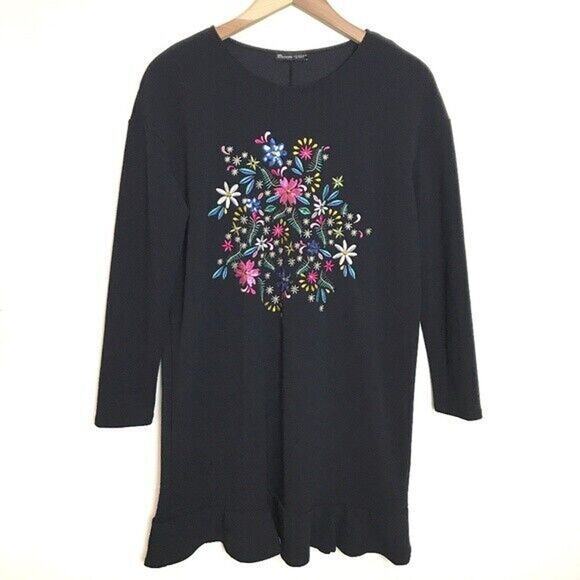 Zara Womens Navy Blue‎ Long Sleeve Ruffle Hem Embroidered Flower Dress S Grandma - Picture 1 of 6